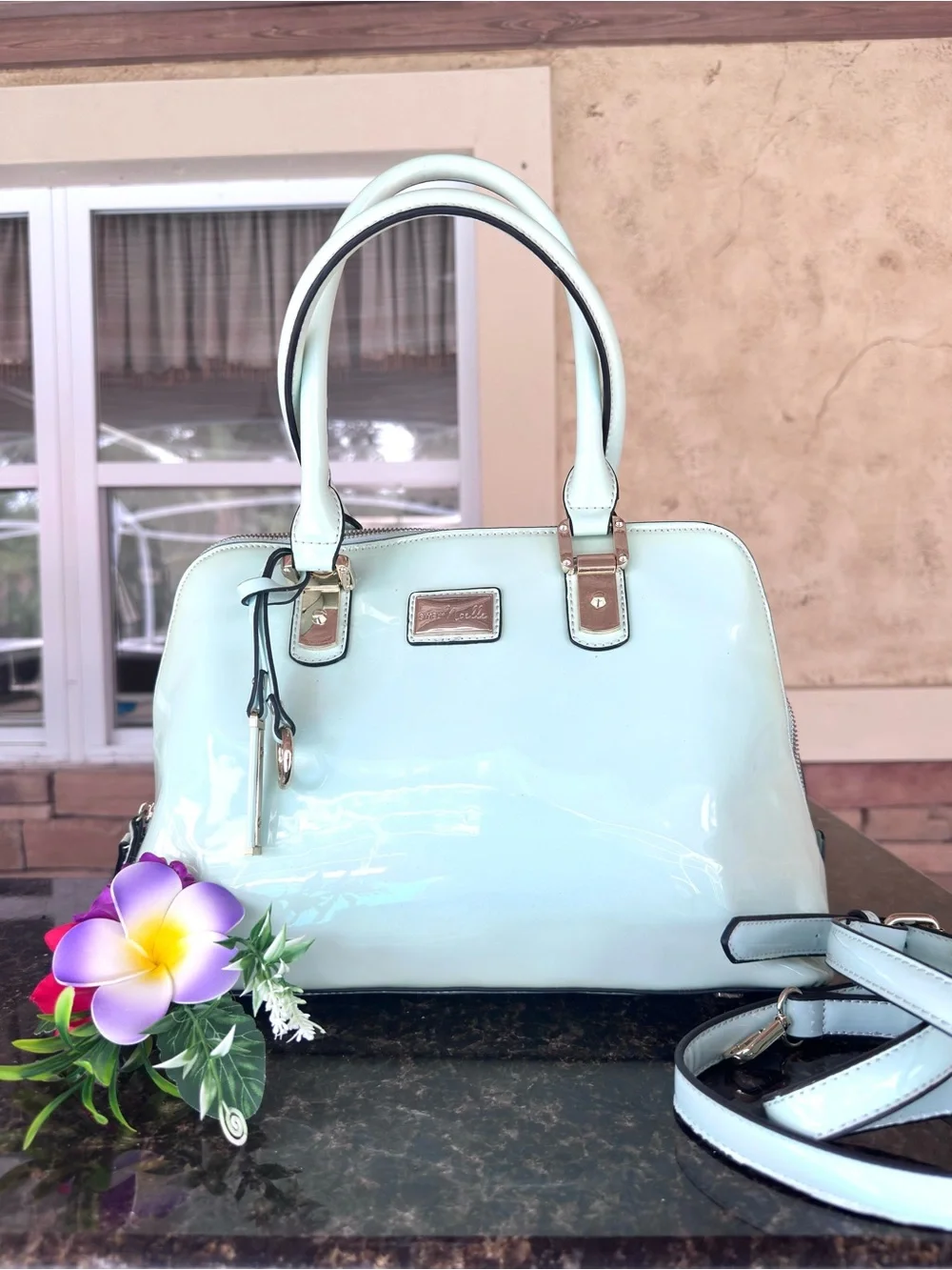 SIMPLY NOELLE ~ Mint Green Patent Sheen Dome Satchel w/Paisley Print Interior